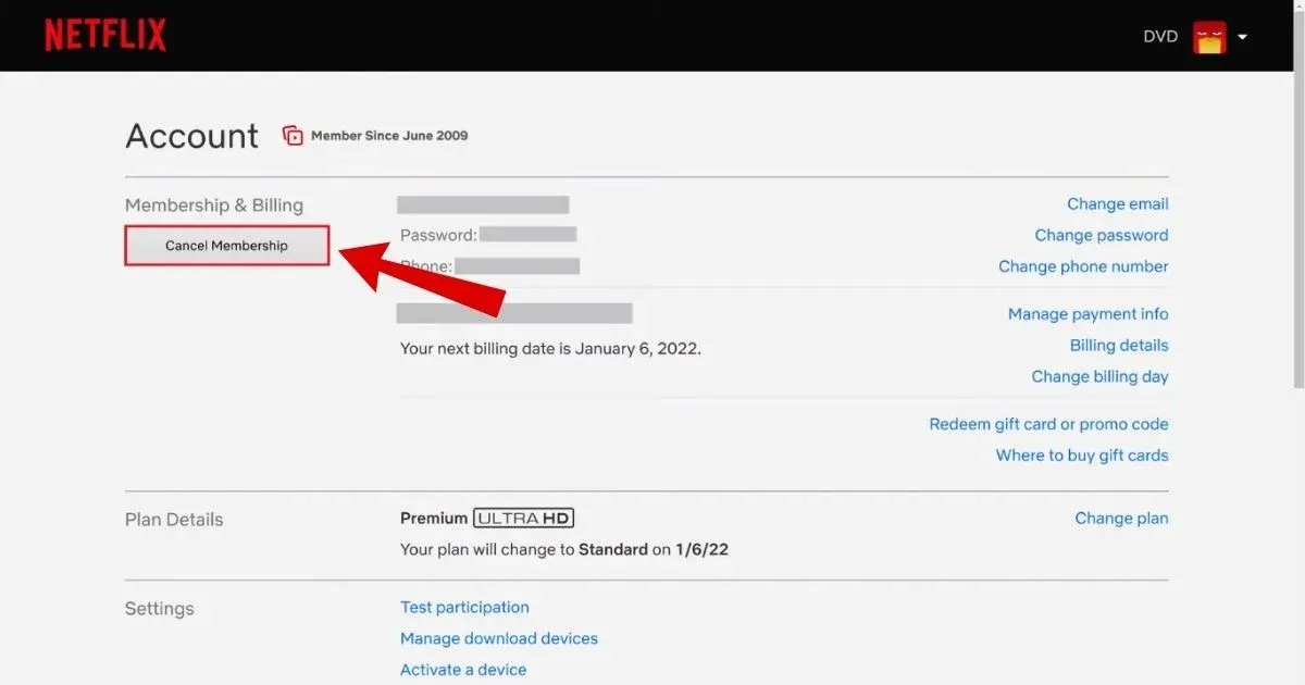 Click the 'Cancel Membership' box under the 'Membership & Billing' section.webp