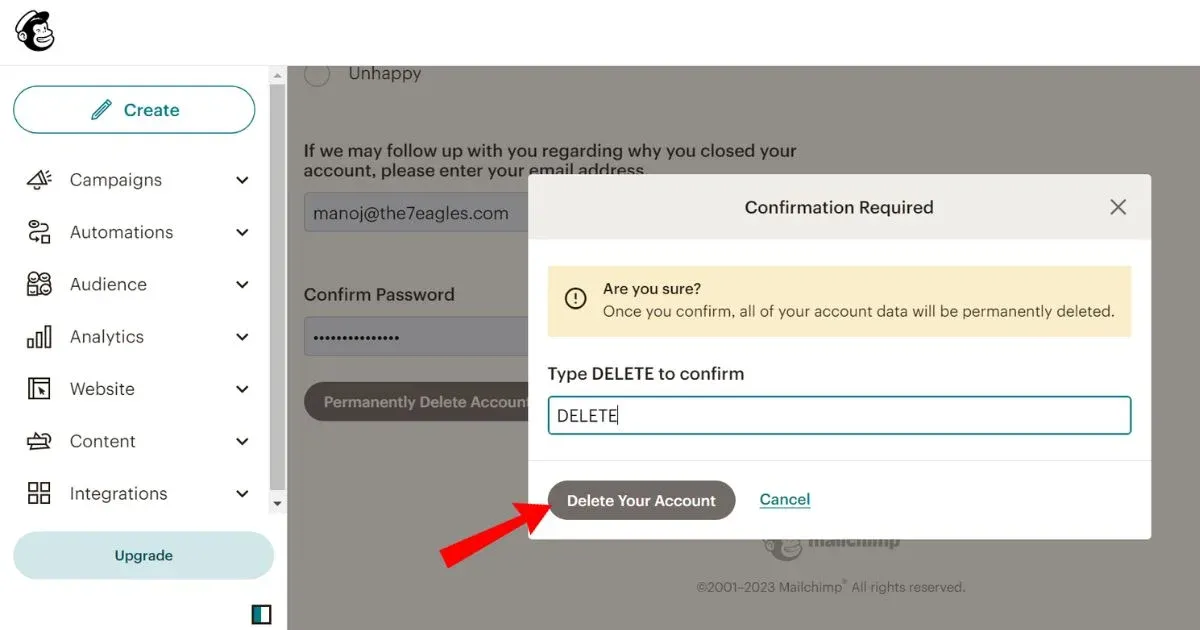 Click the Delete Your Account button to permanently close your MailChimp account.webp