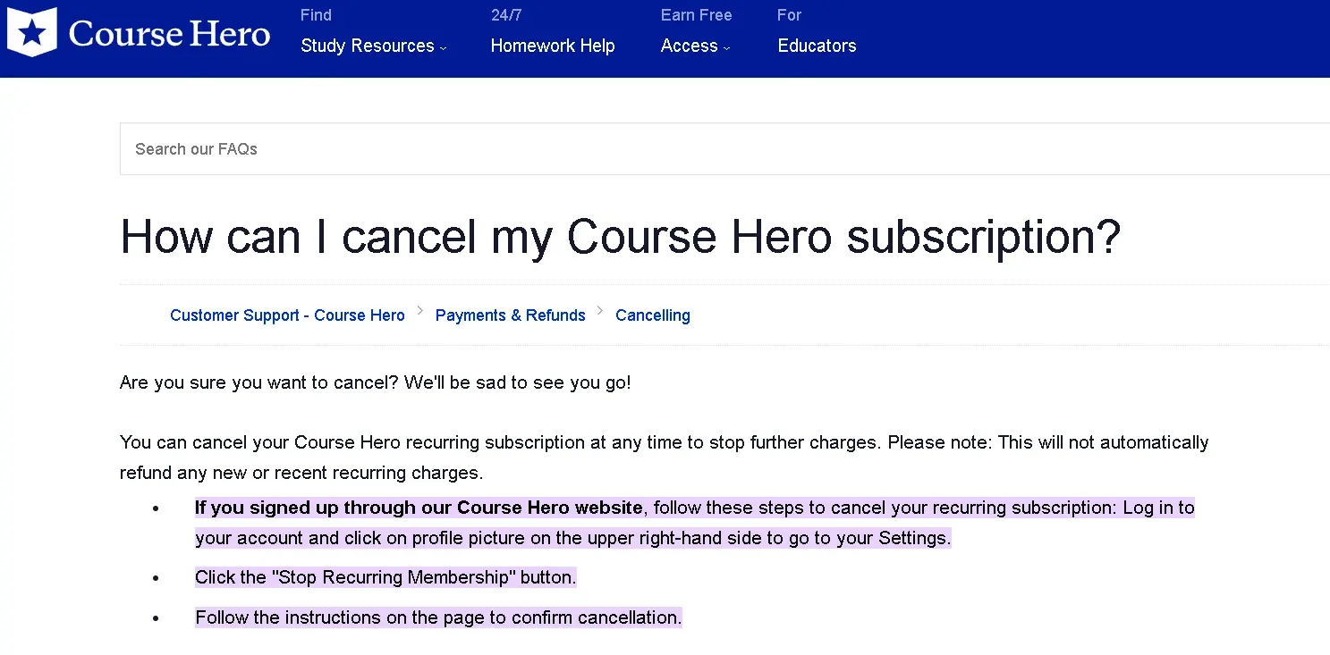 how to cancel CourseHero Subscription open process.webp