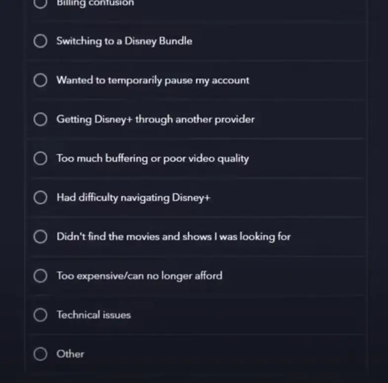 how to cancel Disney Plus Subscription open reason for cancellation.webp