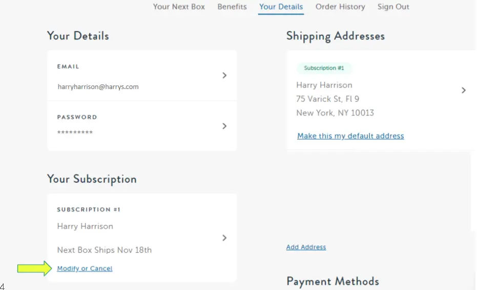 how to cancel Harry's Subscription open modify or cancel.webp