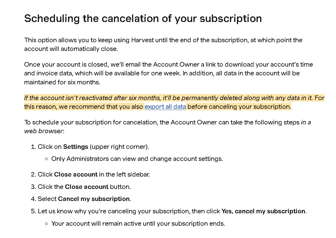 how to cancel Harvest Subscription open cancellation process.webp