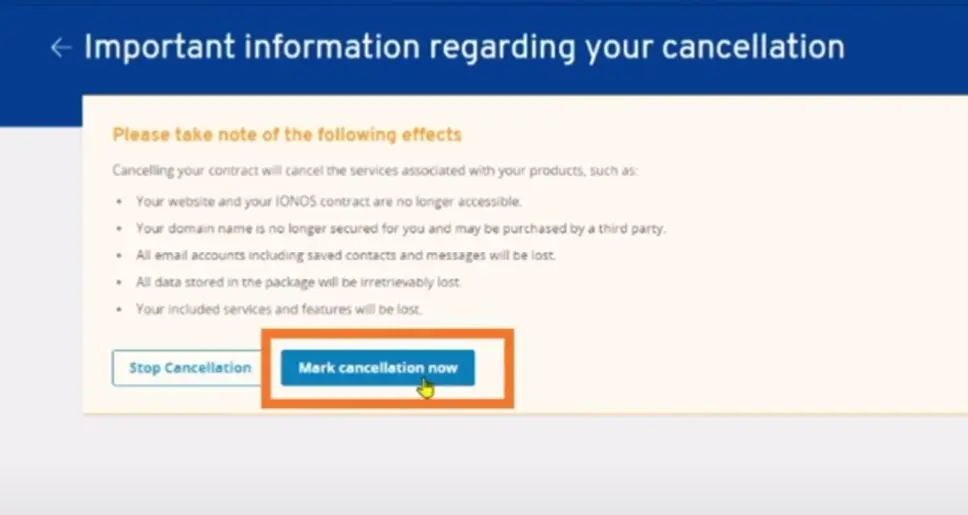 how to cancel IONOS Subscription open Mark cancellation now.webp