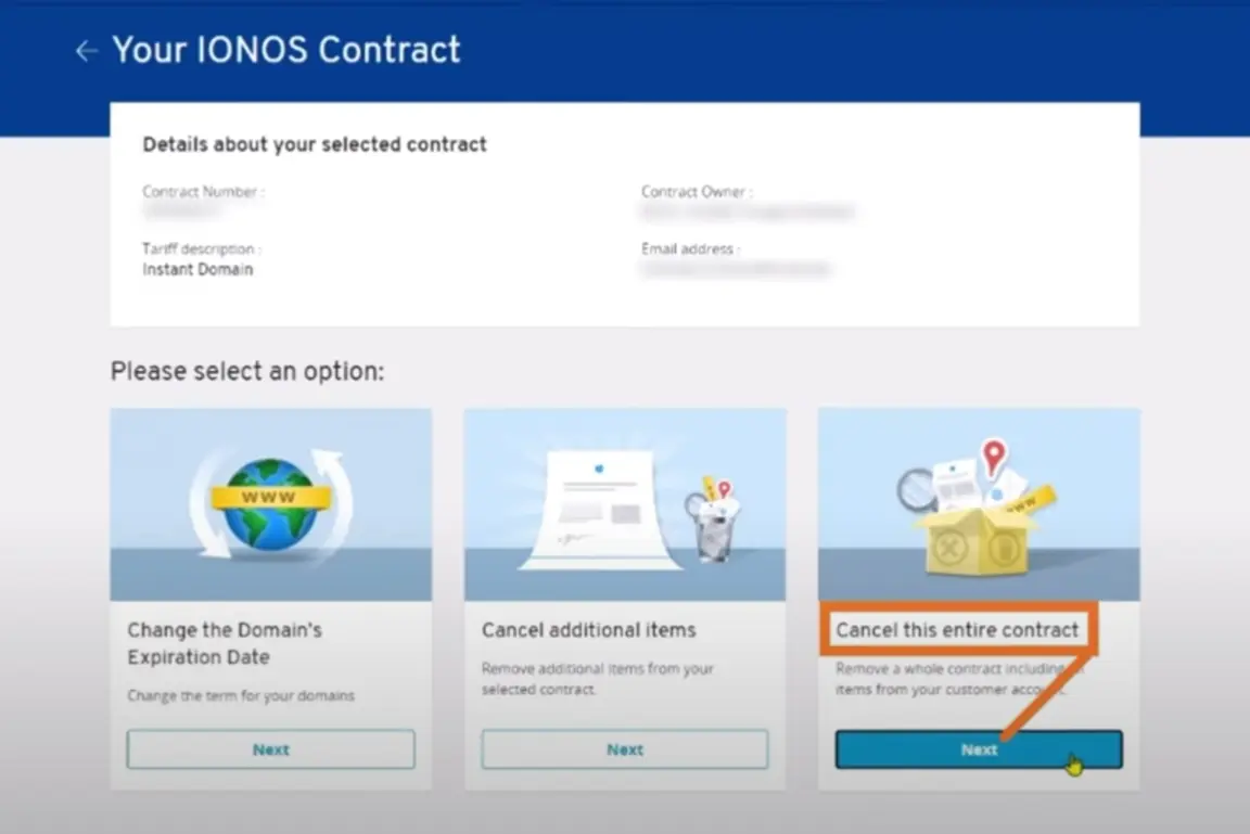 how to cancel IONOS Subscription open cancel the entire contract.webp