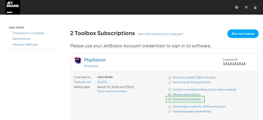 how to cancel JetBrains Subscription open cancel subscription.webp