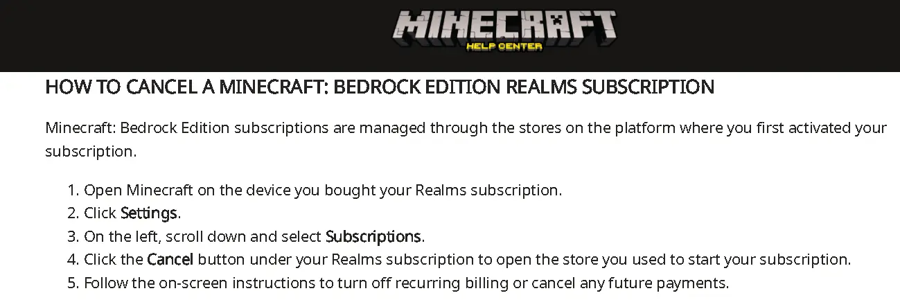 how to cancel Minecraft Subscription open process.webp