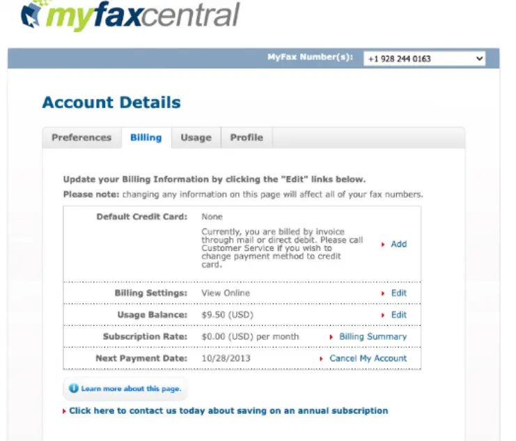 how to cancel MyFax Subscription open Billing.webp