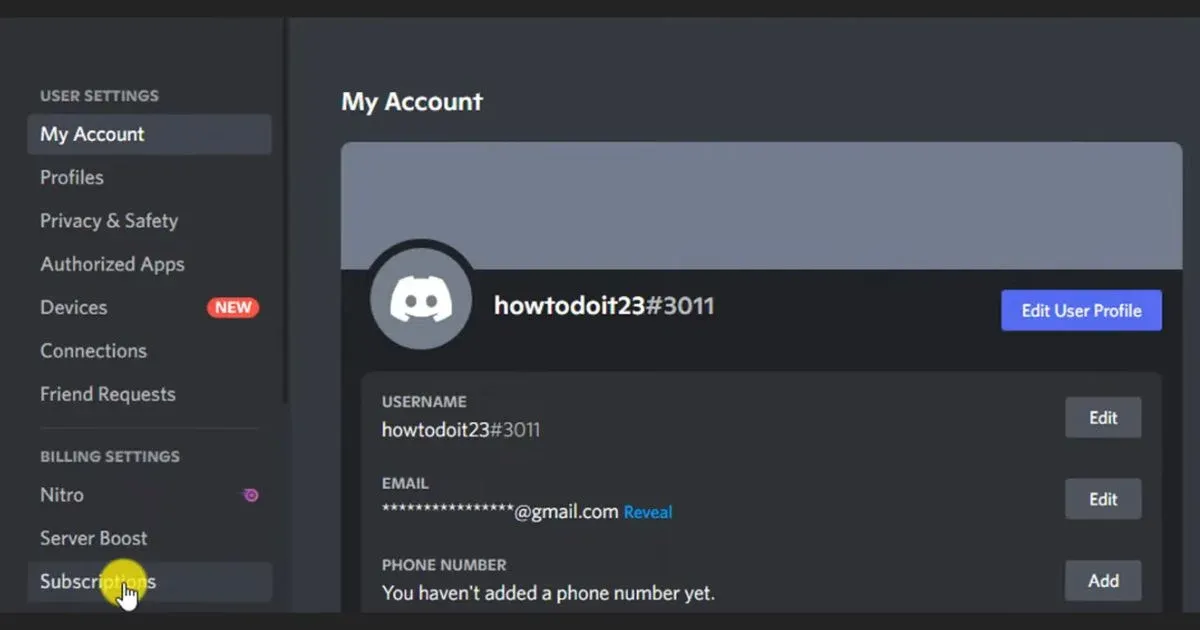 Open Discord and go to My Account and select Subscriptions.webp