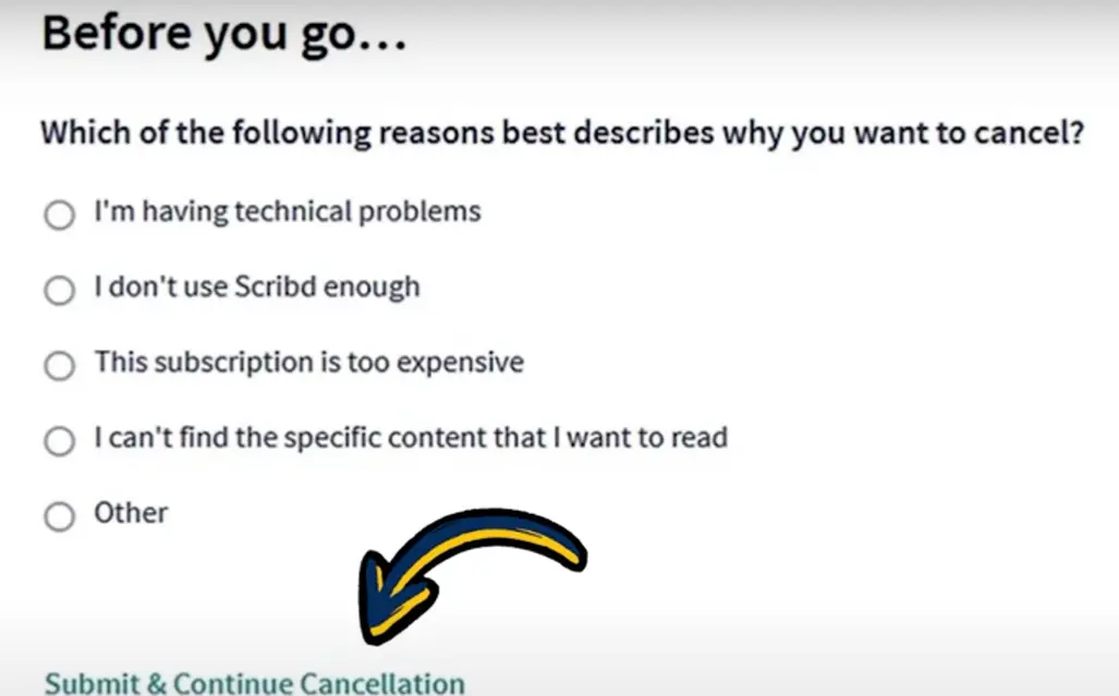 how to cancel Scribd Subscription open Continue Cancellation.webp