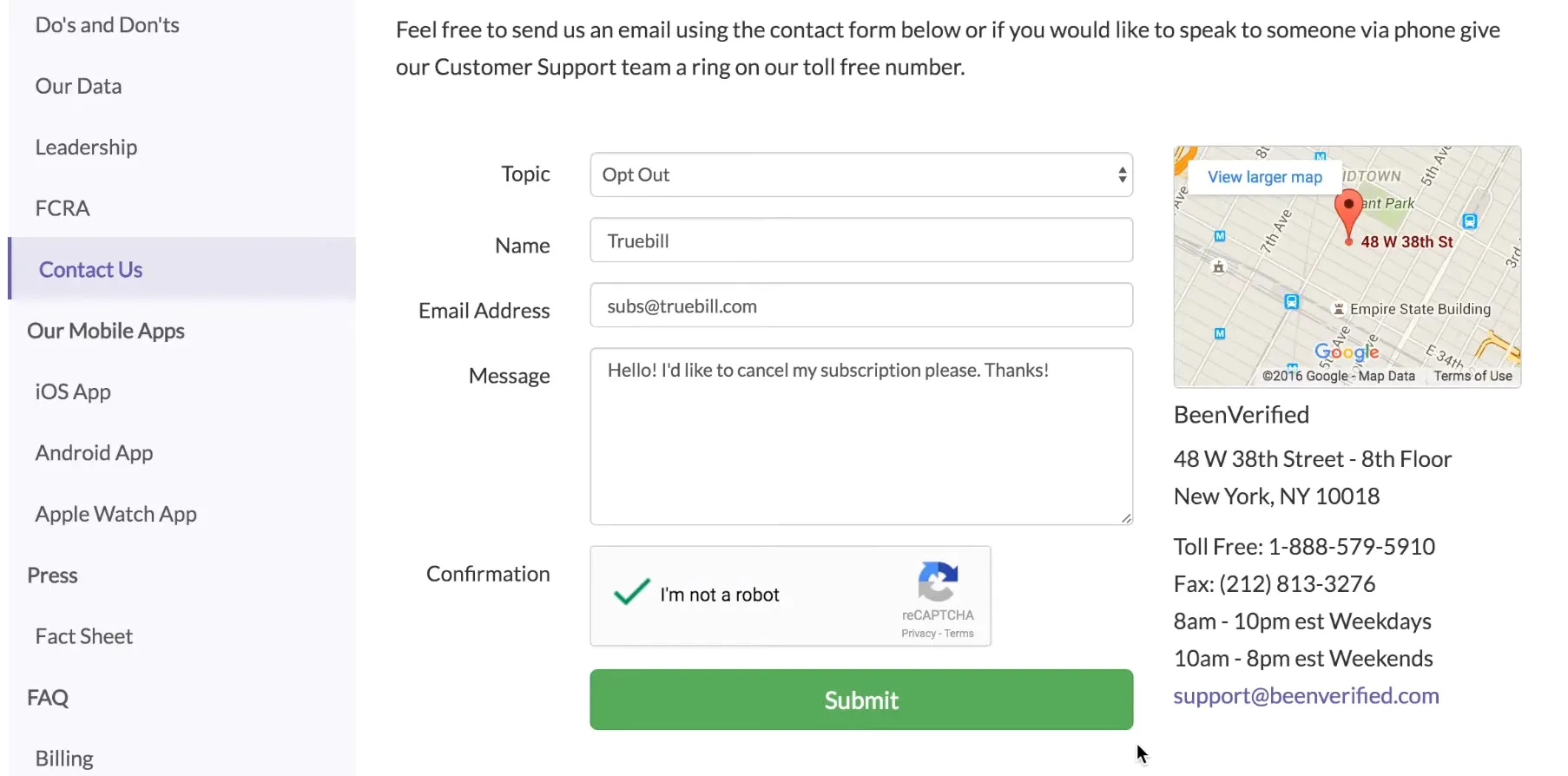 fill the contact form to contact the support to cancel your beenverified account