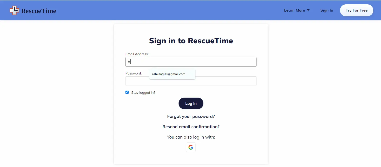 rescue time login page.webp